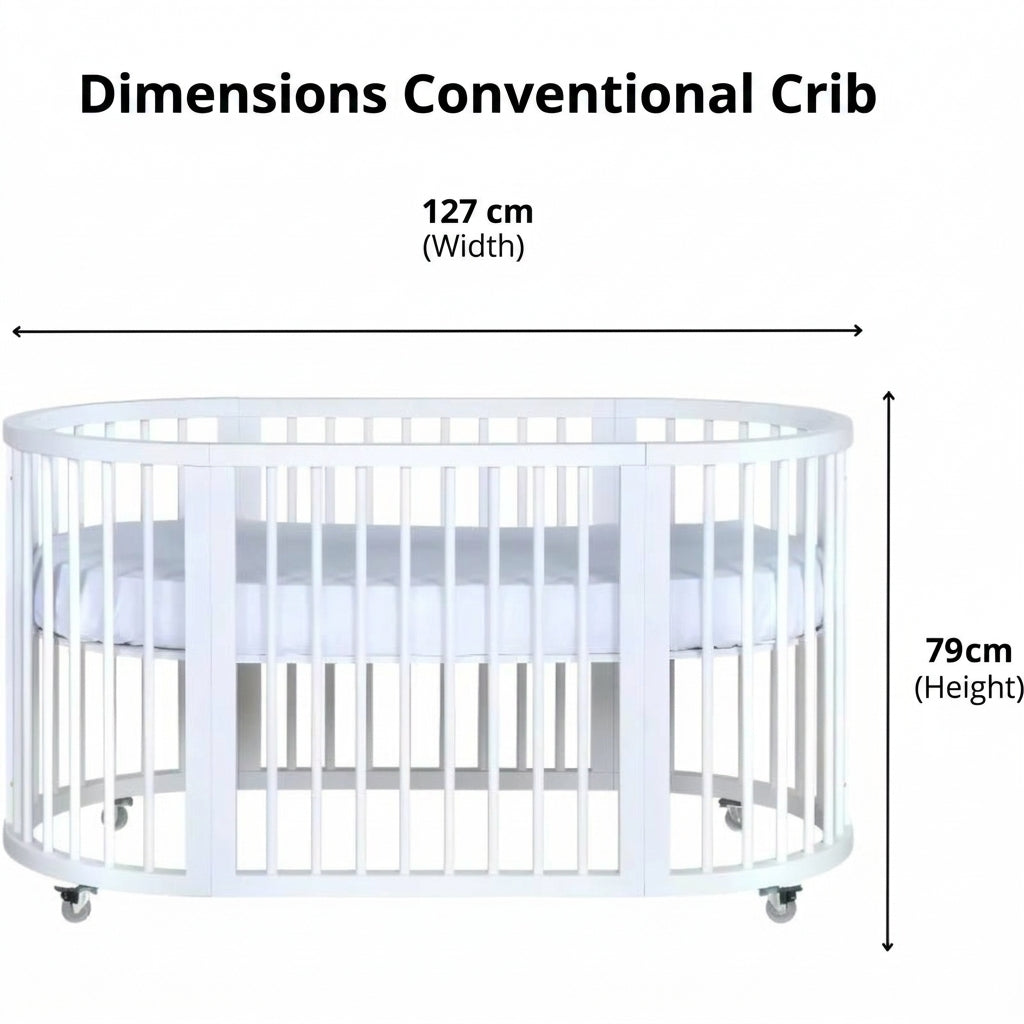Convertible Baby Crib - White Solid Wood with Swivel Castors