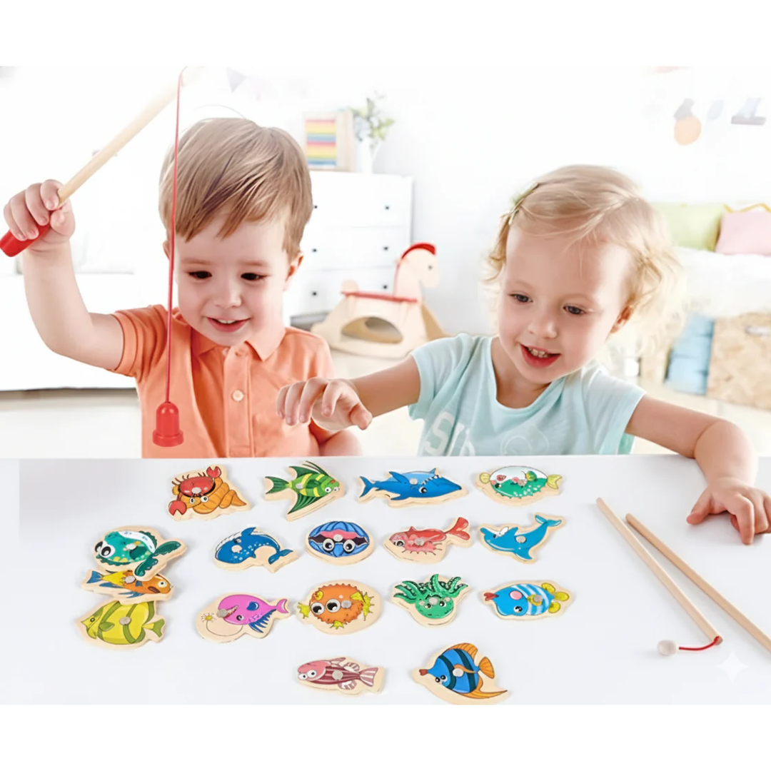 Magnetic Fishing Game Toy with Wooden Fish Pieces