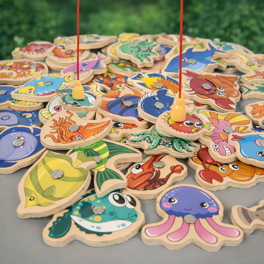 Magnetic Fishing Game Toy with Wooden Fish Pieces