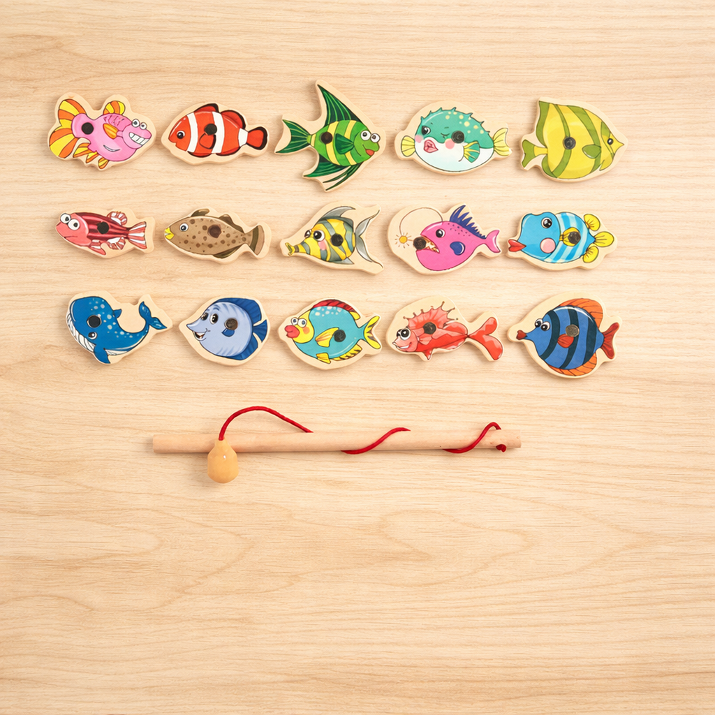 Magnetic Fishing Game Toy with Wooden Fish Pieces