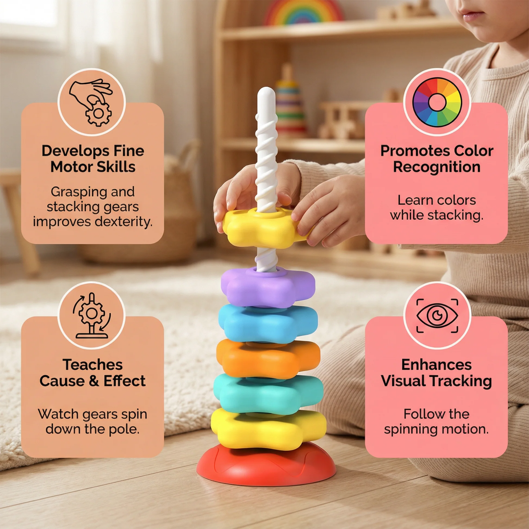Stacking Gear Tower Toy with Spiral Rod
