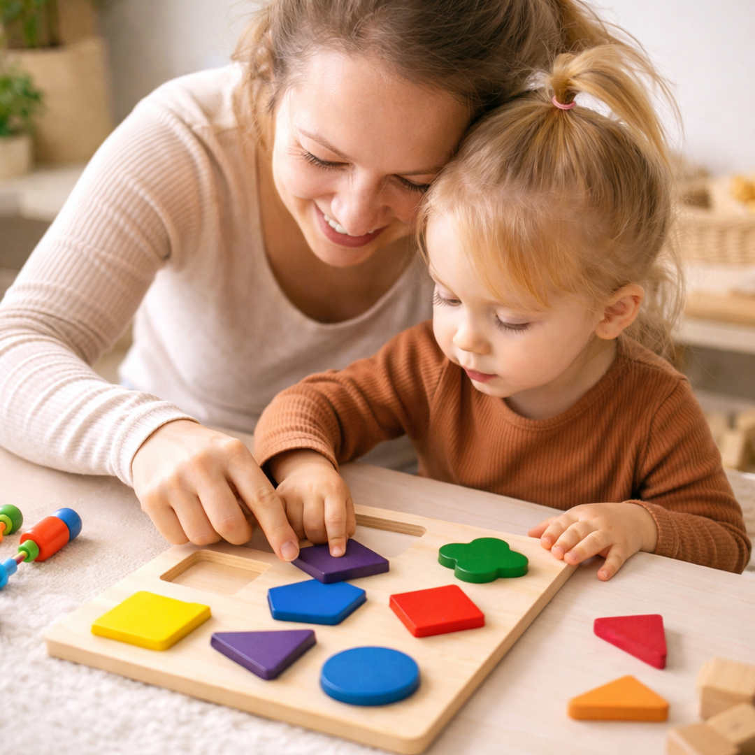 Wooden Shape Puzzle Board with Geometric Pieces