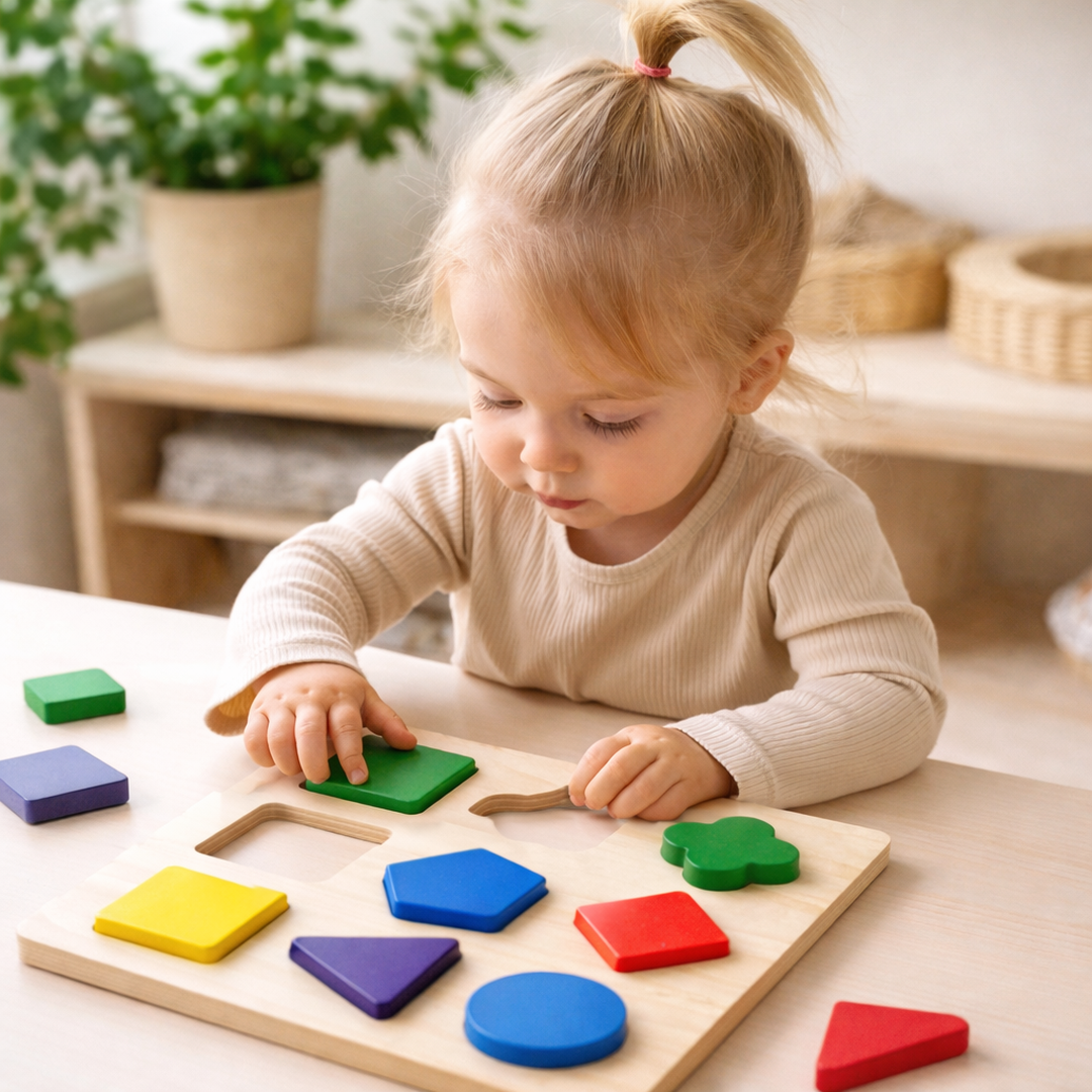 Wooden Shape Puzzle Board with Geometric Pieces