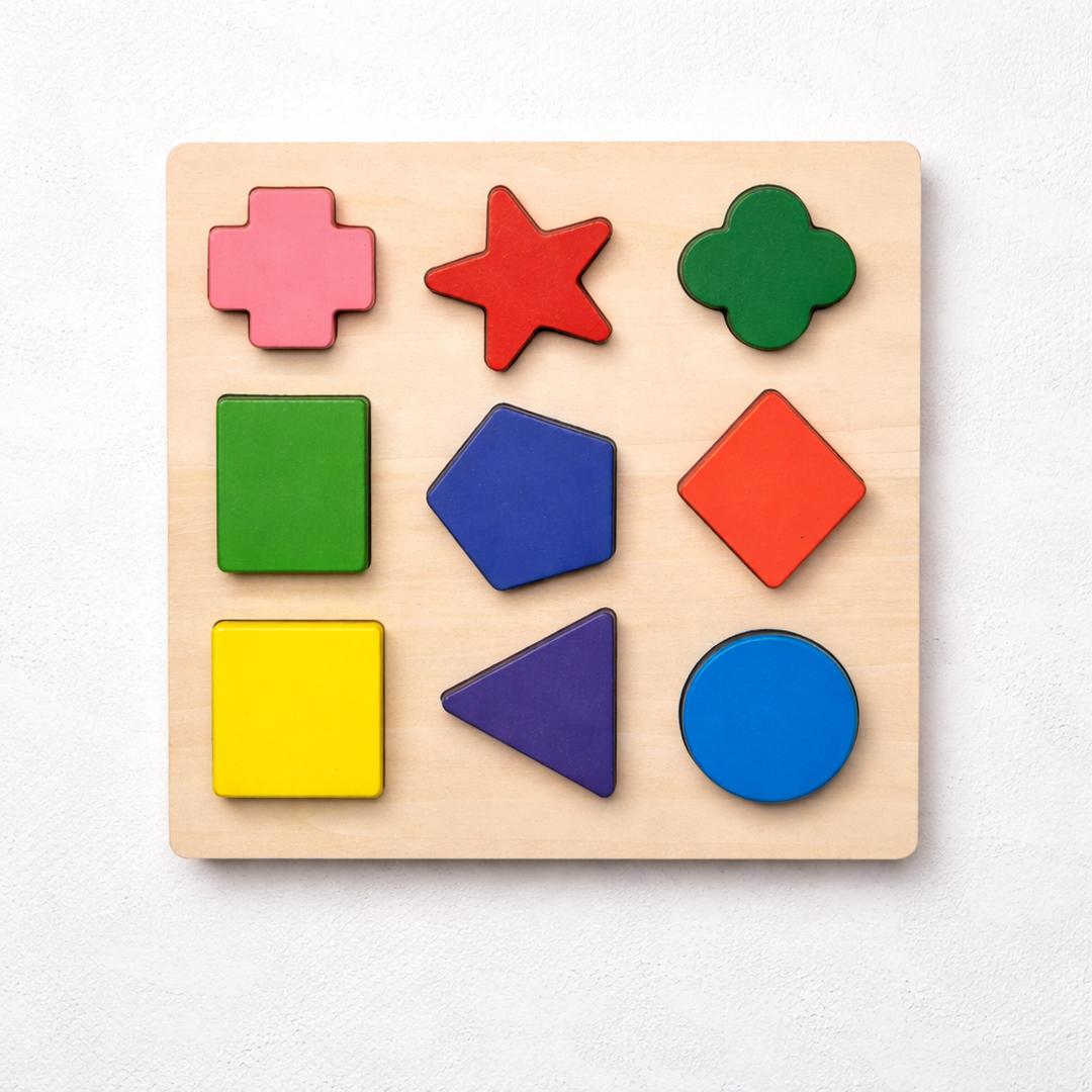 Wooden Shape Puzzle Board with Geometric Pieces