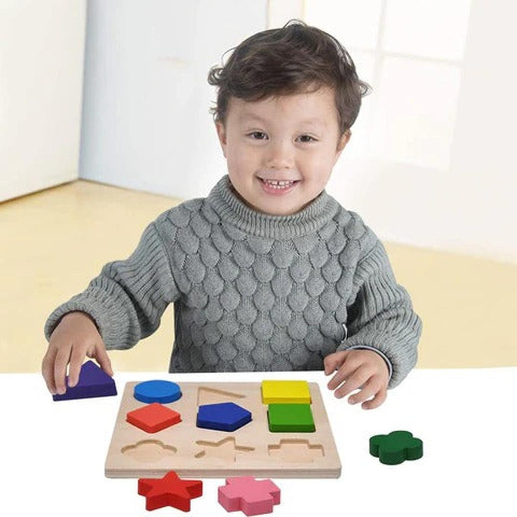 Wooden Shape Puzzle Board with Geometric Pieces