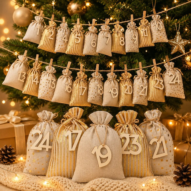Advent Calendar Set - 24 Fillable Fabric Bags with Drawstring Closure