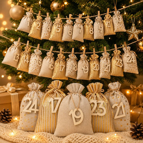 Advent Calendar Set - 24 Fillable Fabric Bags with Drawstring Closure