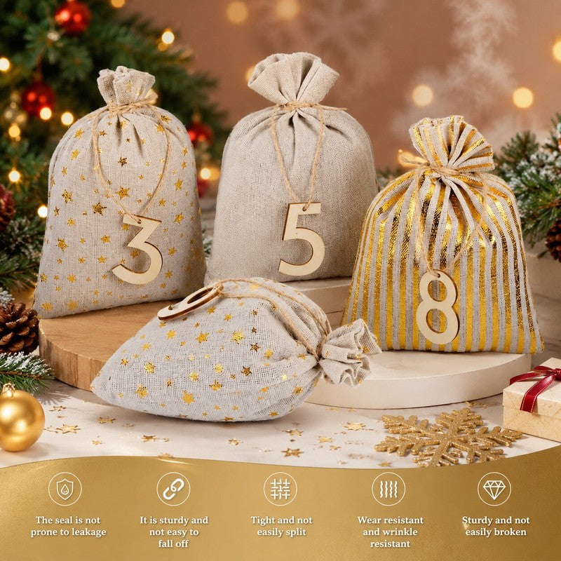 Advent Calendar Set - 24 Fillable Fabric Bags with Drawstring Closure