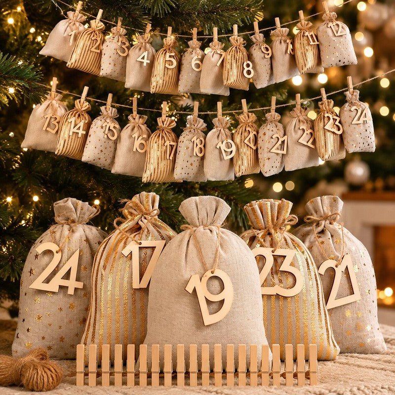 Advent Calendar Set - 24 Fillable Fabric Bags with Drawstring Closure