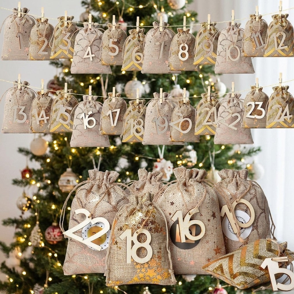 Advent Calendar Set - 24 Fillable Fabric Bags with Drawstring Closure