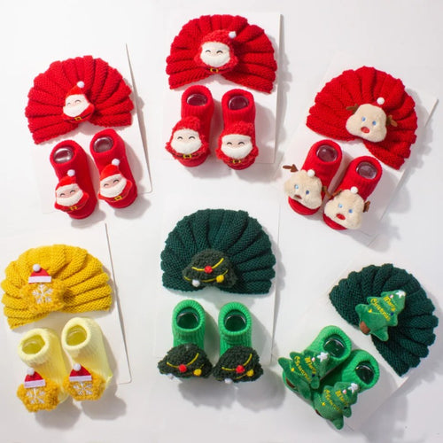 Baby Beanie and Socks Set - Turban Style with Christmas Appliqué