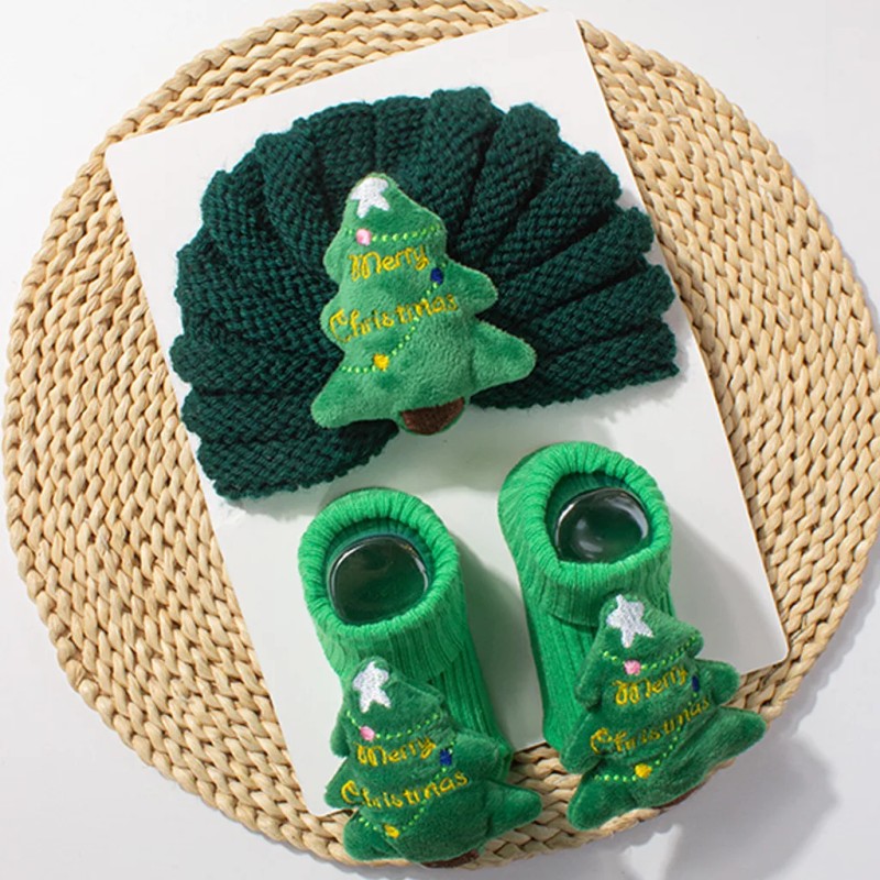 Baby Beanie and Socks Set - Turban Style with Christmas Appliqué