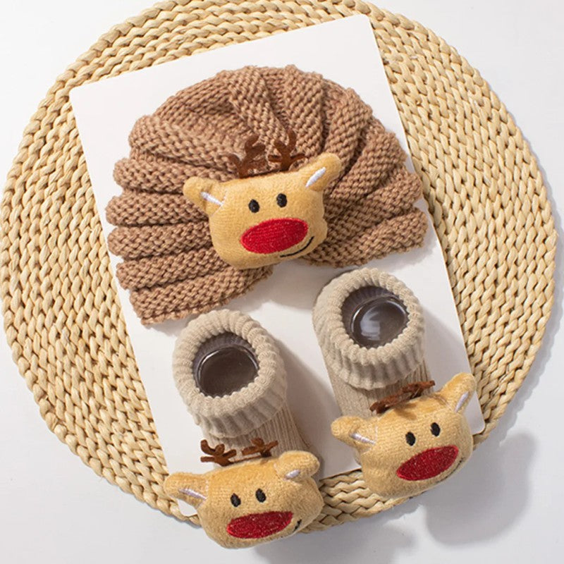 Baby Beanie and Socks Set - Turban Style with Christmas Appliqué
