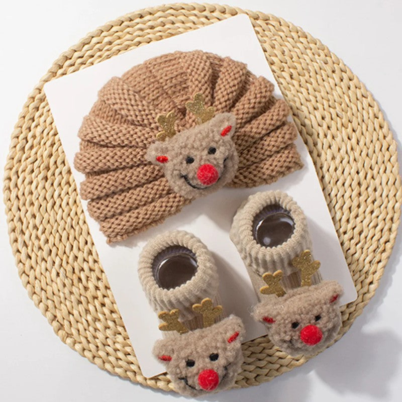 Baby Beanie and Socks Set - Turban Style with Christmas Appliqué