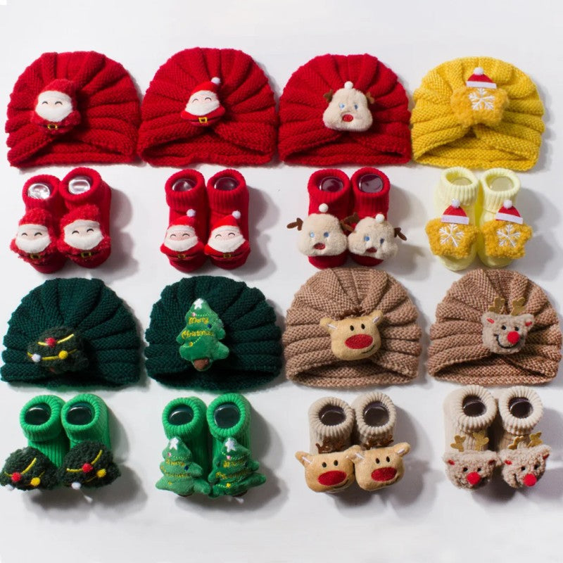Baby Beanie and Socks Set - Turban Style with Christmas Appliqué
