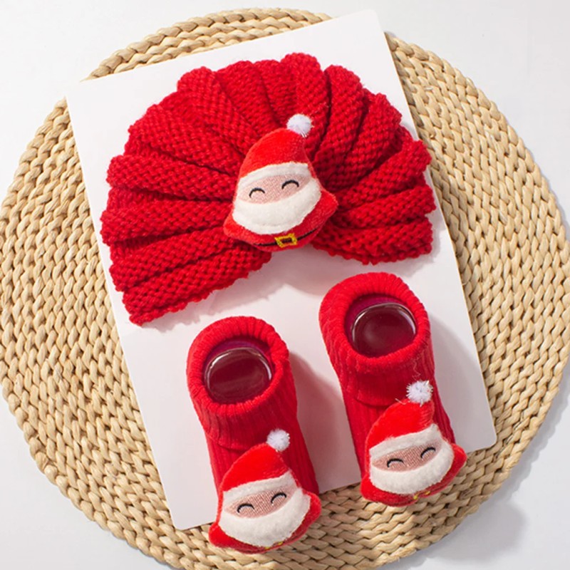 Baby Beanie and Socks Set - Turban Style with Christmas Appliqué