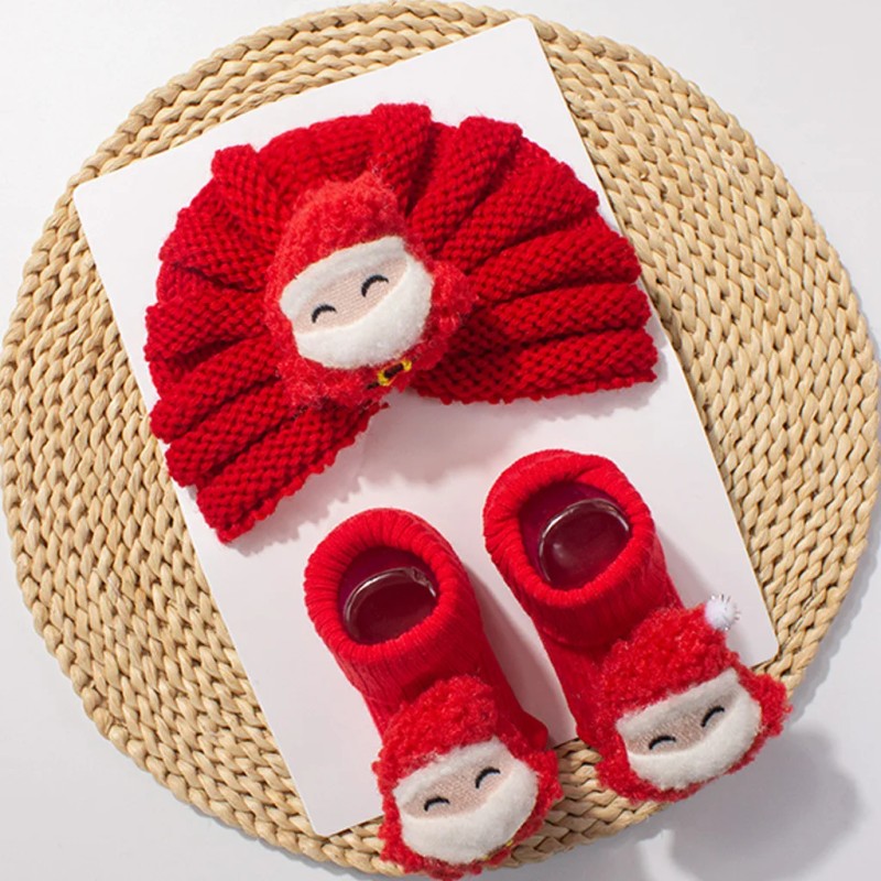 Baby Beanie and Socks Set - Turban Style with Christmas Appliqué
