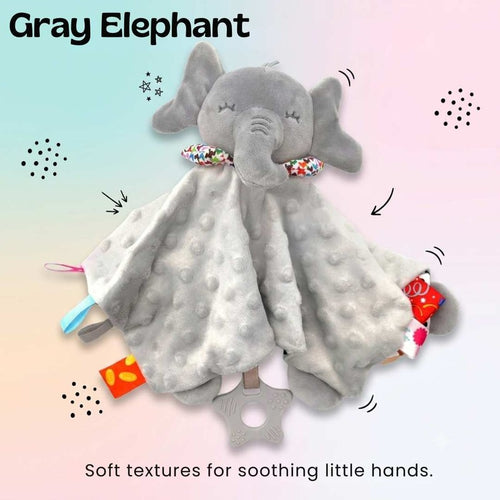 Baby Blanket with Plush Elephant Head and Sensory Tags