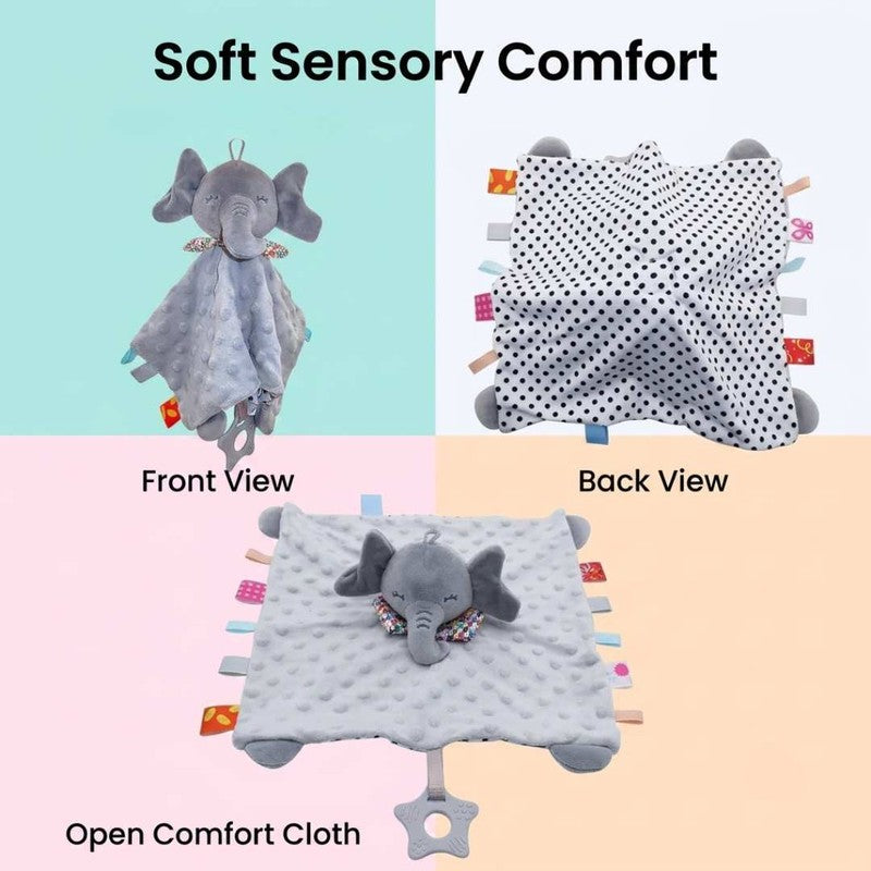 Baby Blanket with Plush Elephant Head and Sensory Tags