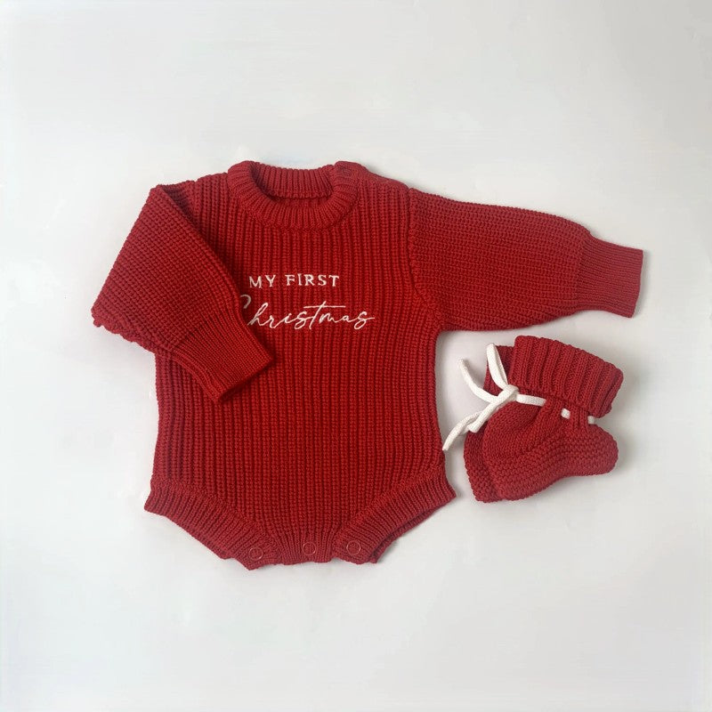 Baby Christmas Romper Set - Knit Romper and Booties