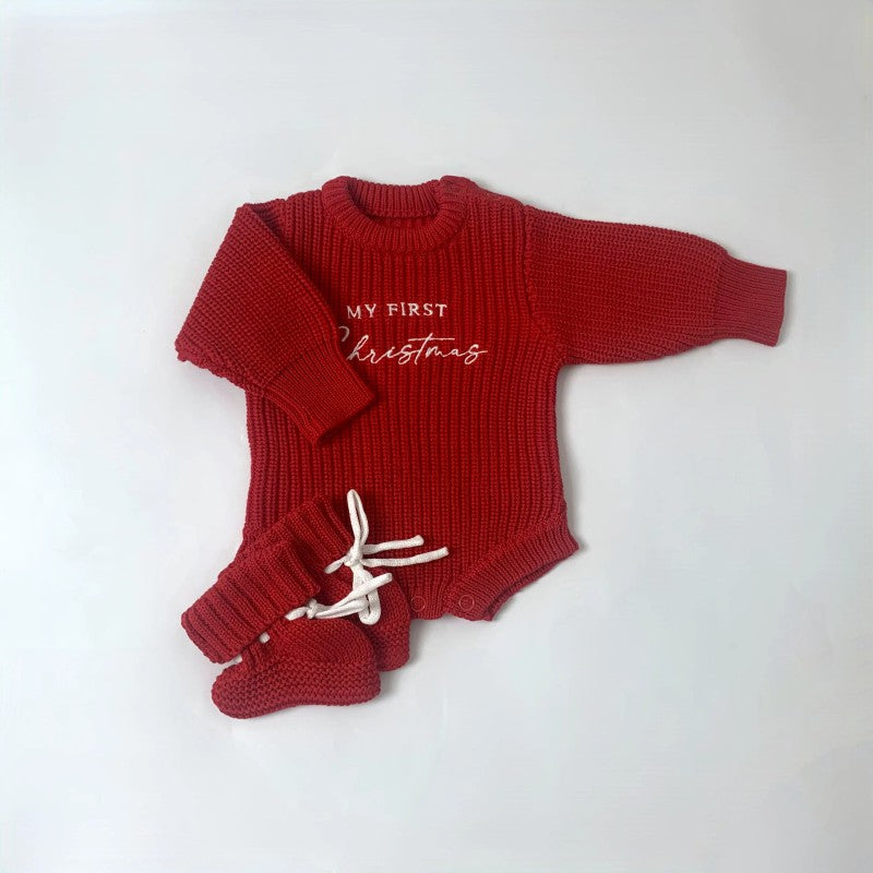 Baby Christmas Romper Set - Knit Romper and Booties
