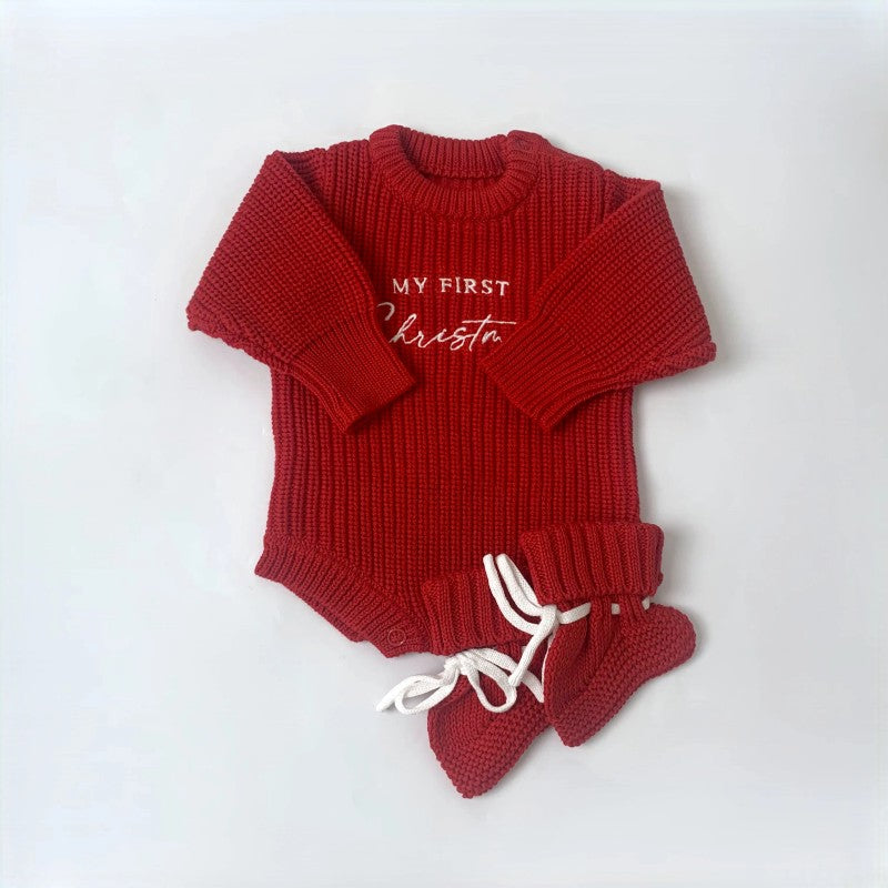 Baby Christmas Romper Set - Knit Romper and Booties