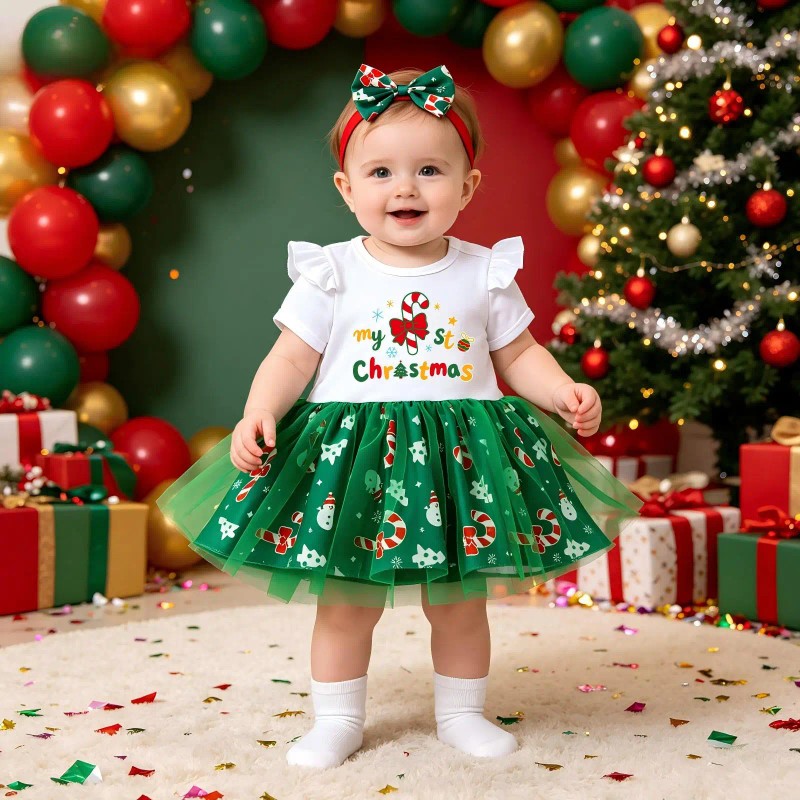 Baby Girls' Christmas Romper Skirt Suit with Headband - Two-Piece Set Skirt