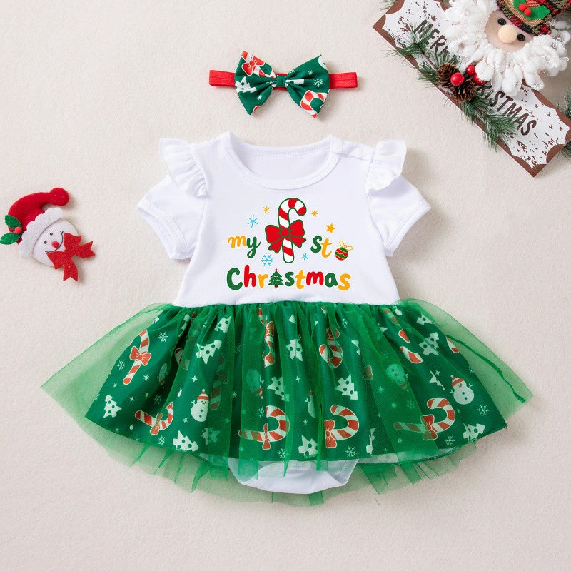 Baby Girls' Christmas Romper Skirt Suit with Headband - Two-Piece Set Skirt
