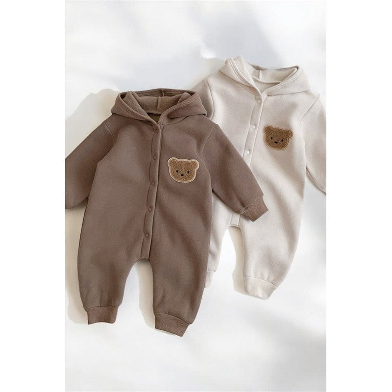 Baby Hooded Playsuit - Bear Appliqué