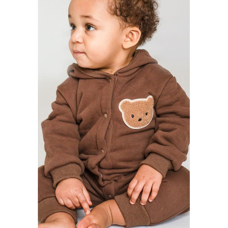 Baby Hooded Playsuit - Bear Appliqué