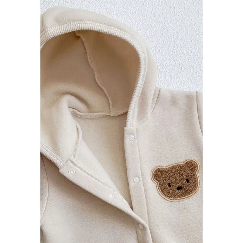 Baby Hooded Playsuit - Bear Appliqué