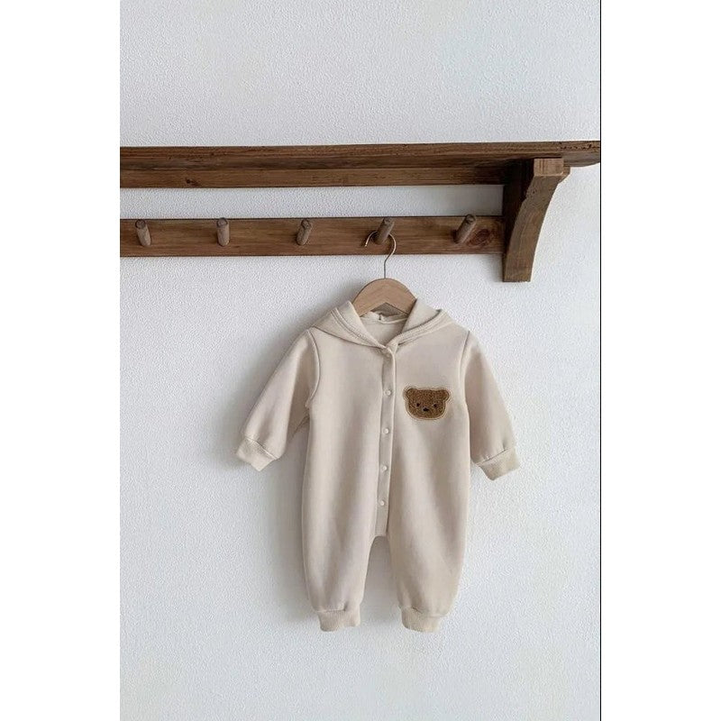 Baby Hooded Playsuit - Bear Appliqué