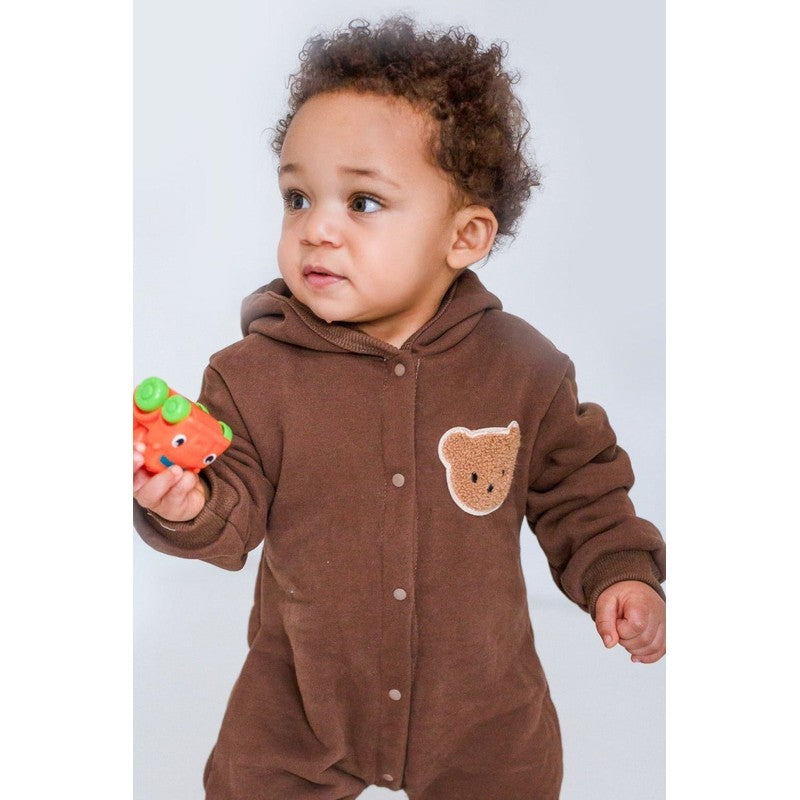 Baby Hooded Playsuit - Bear Appliqué