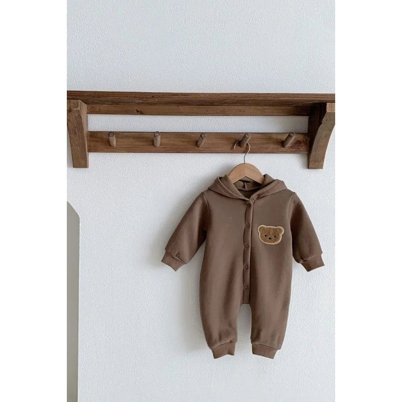 Baby Hooded Playsuit - Bear Appliqué