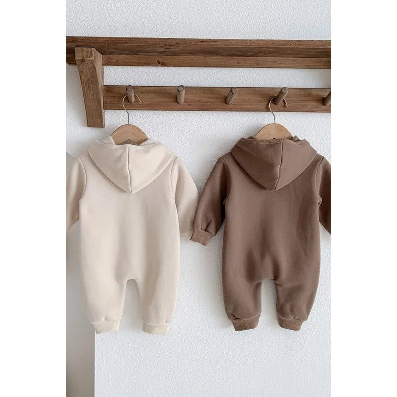 Baby Hooded Playsuit - Bear Appliqué