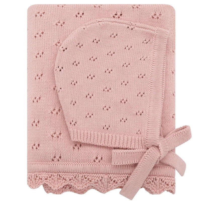 Baby Knitted Receiving Blanket - Pointelle Pattern with Scalloped Edge