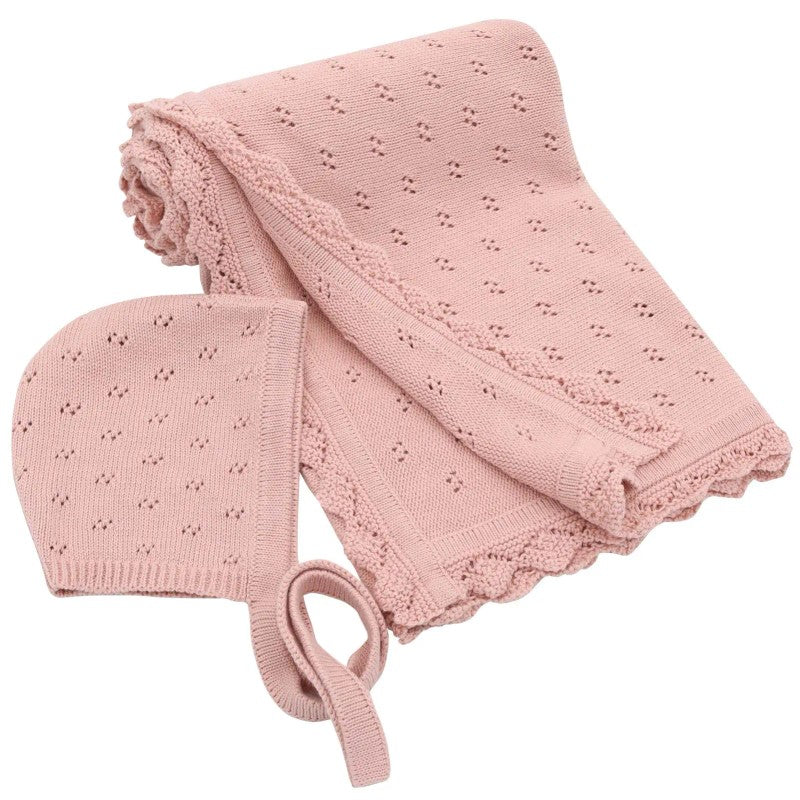 Baby Knitted Receiving Blanket - Pointelle Pattern with Scalloped Edge