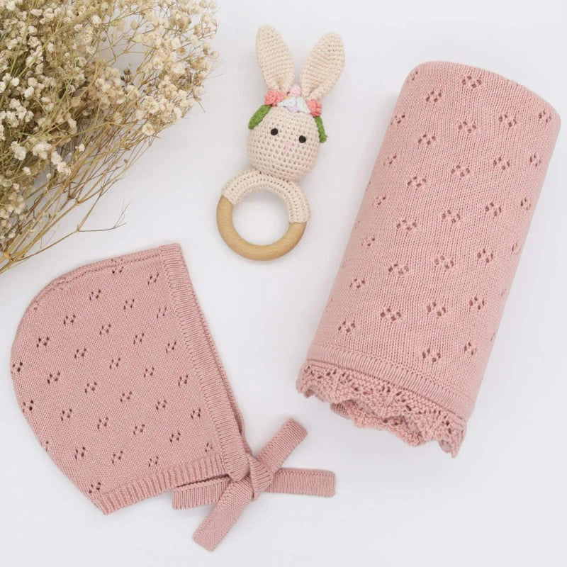 Baby Knitted Receiving Blanket - Pointelle Pattern with Scalloped Edge