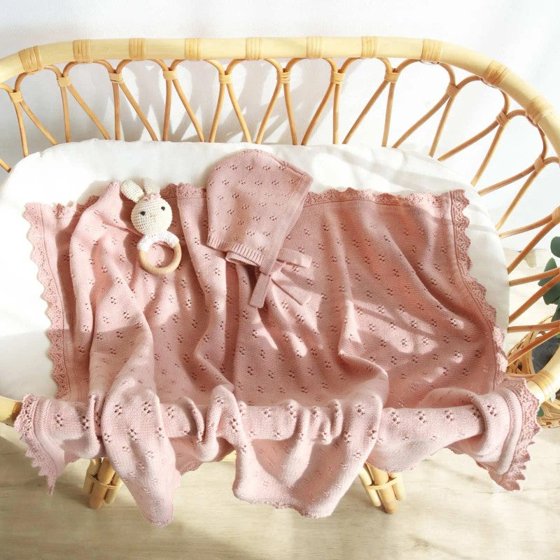 Baby Knitted Receiving Blanket - Pointelle Pattern with Scalloped Edge