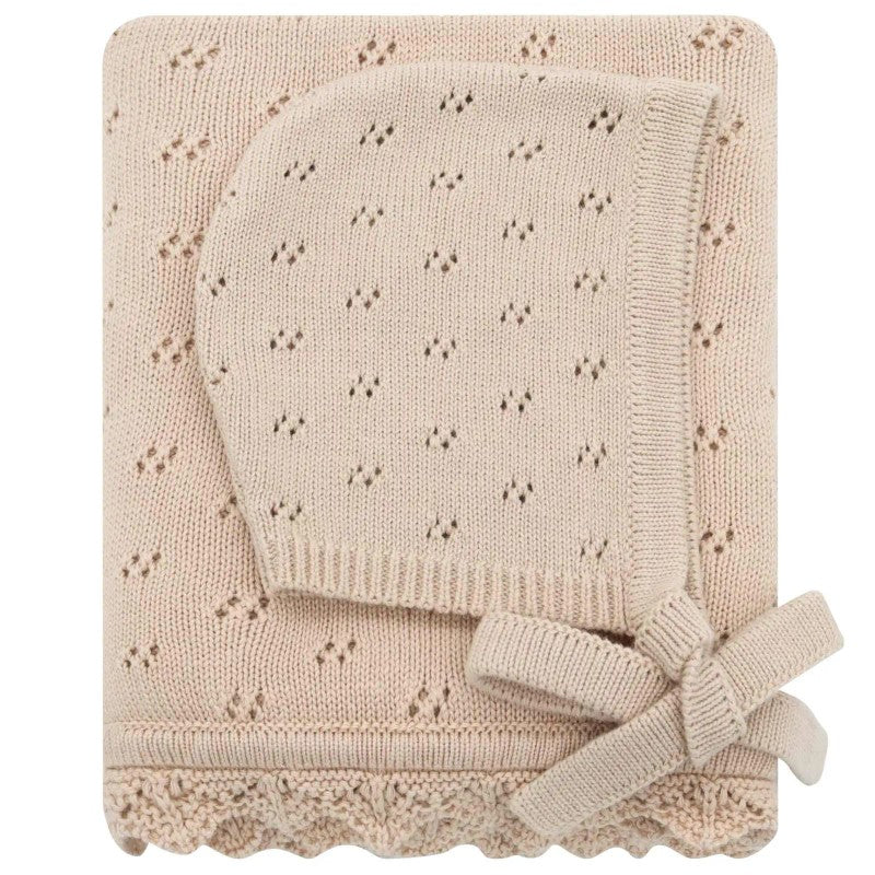 Baby Knitted Receiving Blanket - Pointelle Pattern with Scalloped Edge