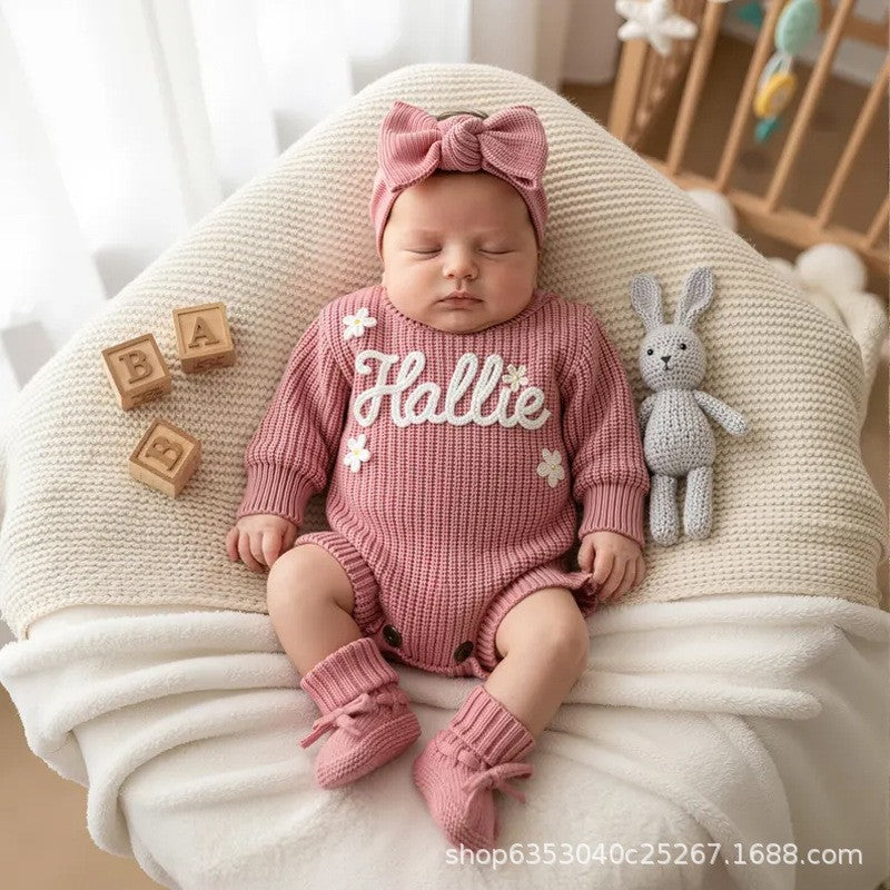 Baby Knitted Romper - Embroidered Letter with Daisy Motifs