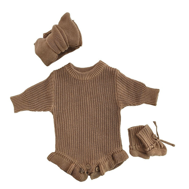 Baby Knitted Romper - Embroidered Letter with Daisy Motifs