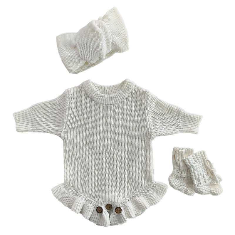 Baby Knitted Romper - Embroidered Letter with Daisy Motifs