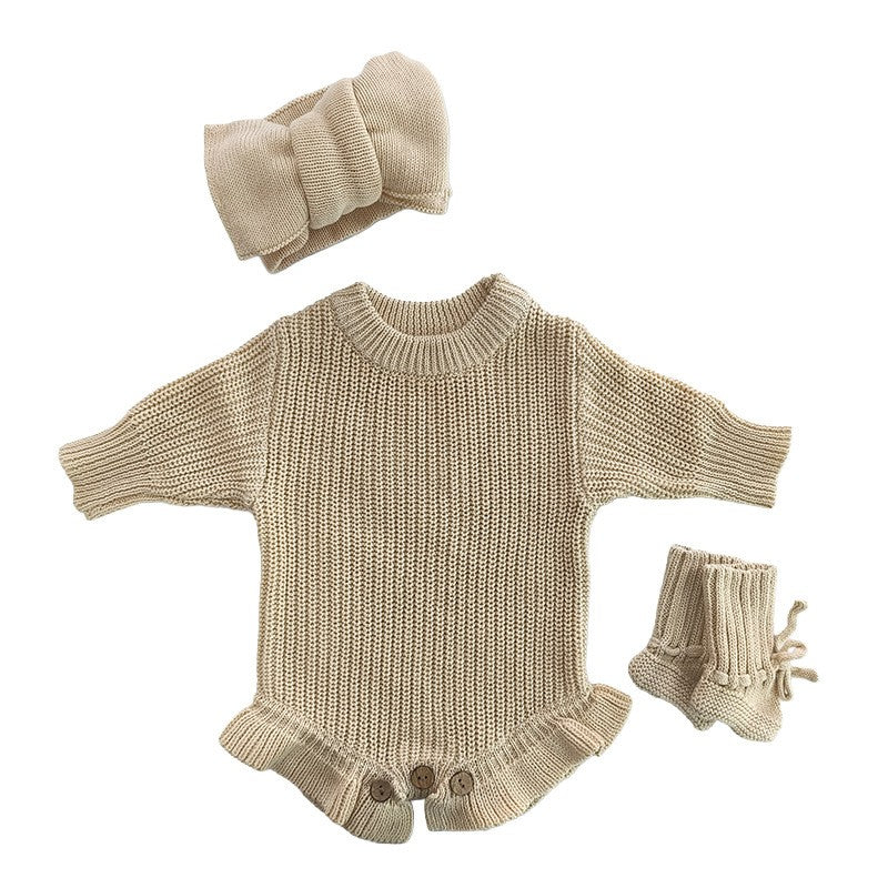 Baby Knitted Romper - Embroidered Letter with Daisy Motifs