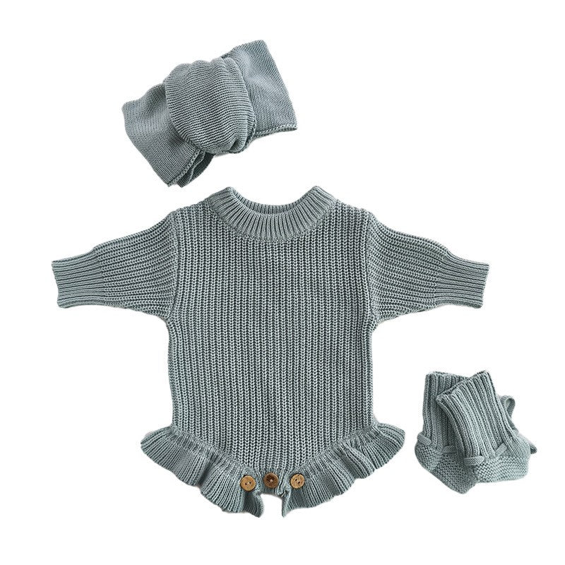 Baby Knitted Romper - Embroidered Letter with Daisy Motifs