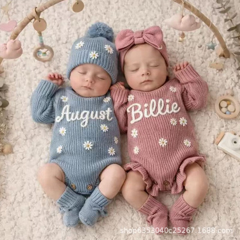 Baby Knitted Romper - Embroidered Letter with Daisy Motifs