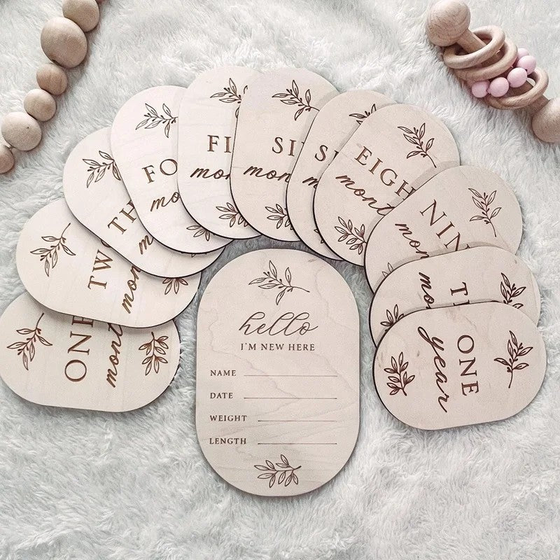 Baby Milestone Marker Set - Wooden Engraved Photo Prop Discs