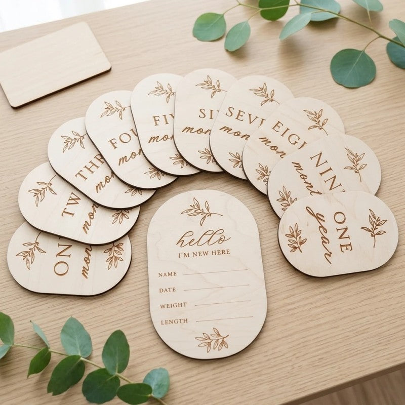 Baby Milestone Marker Set - Wooden Engraved Photo Prop Discs