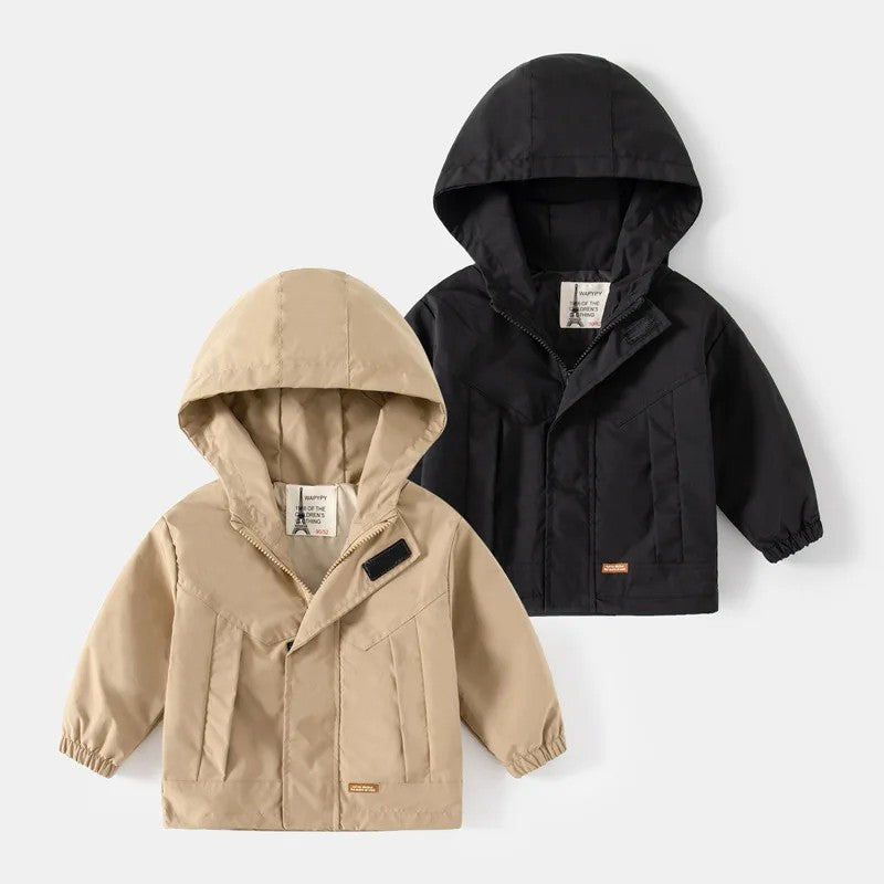 Boys' Hooded Jacket - Solid Color with Front Zipper