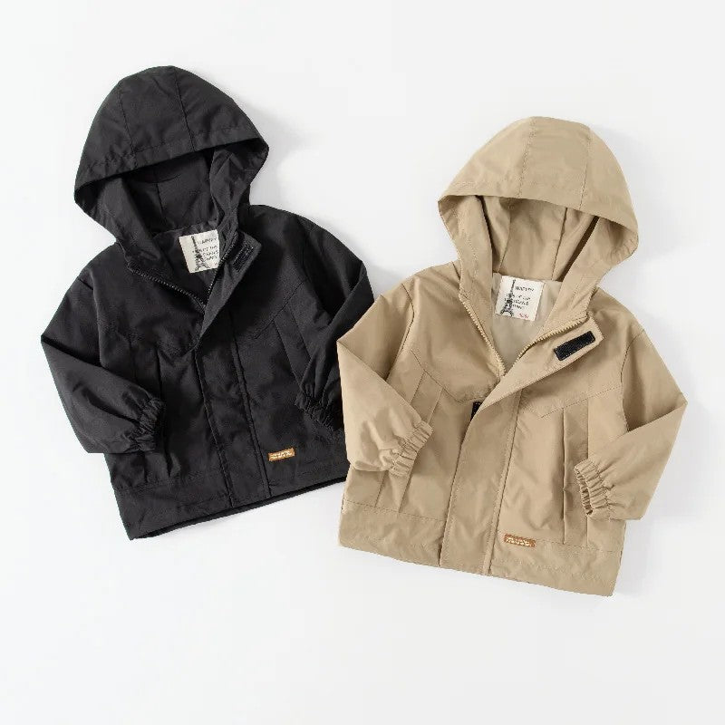 Boys' Hooded Jacket - Solid Color with Front Zipper